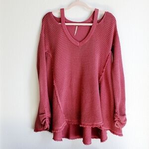 Free People Moonshine  Cold Shoulder V Neck Waffle Weave Thermal Tunic Pink XS